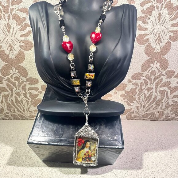 Handcrafted St Teresa Glass Shadow Box Pendant & Artisan Metalwork & Necklace - Picture 1 of 12